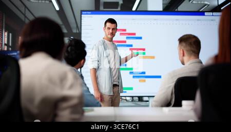 Multicultural Young Team Using Gantt Chart In Corporate Training Session Stock Photo