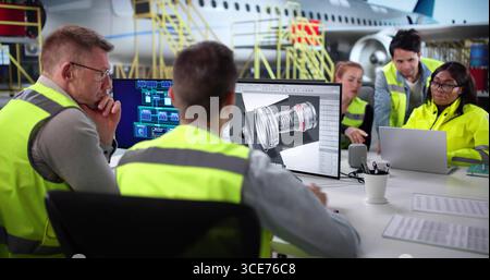 Diverse Aircraft Maintenance Team Using 3D Software To Check Engine. Professional Aviation Technicians Ensuring Safety Stock Photo