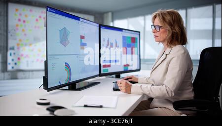Senior Woman Analyzes Financial Data On Computer In Her Office. Stock Photo