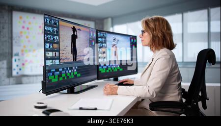 Skilled Senior Editor Creates Stunning Montage Using Custom Video Editing Software. Stock Photo
