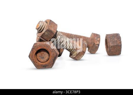 Old rusty bolt and nut over isolated on white background Stock Photo