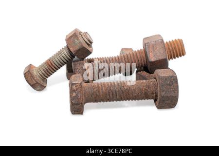 Old rusty bolt and nut over isolated on white background Stock Photo