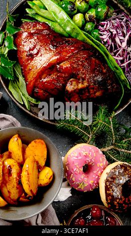 Christmas holidays table setting concept. Top view Stock Photo