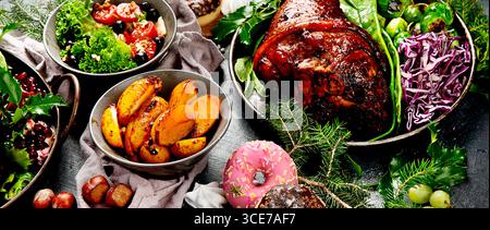 Christmas holidays table setting concept . Top view, flat lay Stock Photo