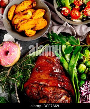 Christmas holidays table setting concept on dark background. View from above Stock Photo