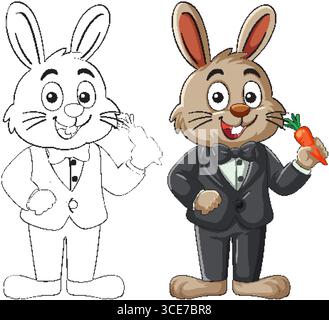 Vector illustration of a cheerful cartoon rabbit in a tuxedo holding a carrot, shown in both colored and outline styles with clean lines Stock Vector