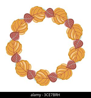 Round frame with autumn aspen and poplar leaves. Fall time Cartoon vector isolated illustration on white background.  Stock Vector
