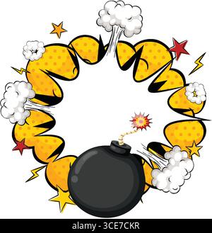 Vector illustration of a round black bomb igniting, surrounded by a comic-style yellow explosion burst, smoke clouds, and dynamic star elements Stock Vector