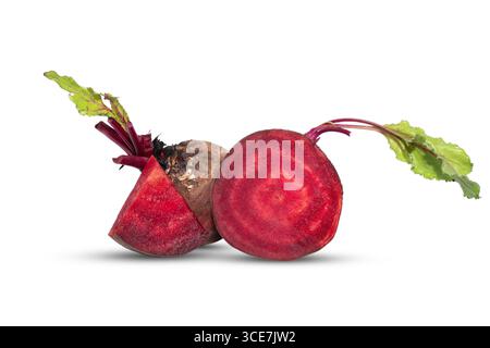 Closeup beetroot (beet root) and cut in half sliced isolated on white background. Stock Photo