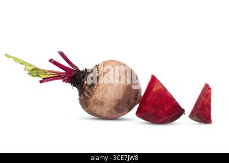 Closeup beetroot (beet root) and cut in half sliced isolated on white background. Stock Photo