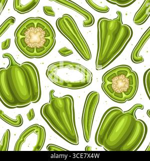 Vector Green Pepper Seamless Pattern, square background with various flying cartoon sweet peppers with seeds, placard with group of whole and strips p Stock Vector