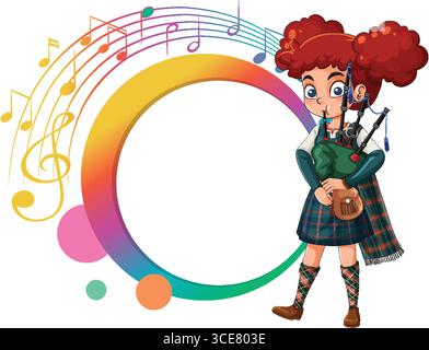 Red-haired girl in traditional Scottish attire plays bagpipes beside a rainbow circle and vibrant musical notes in a cartoon vector style Stock Vector