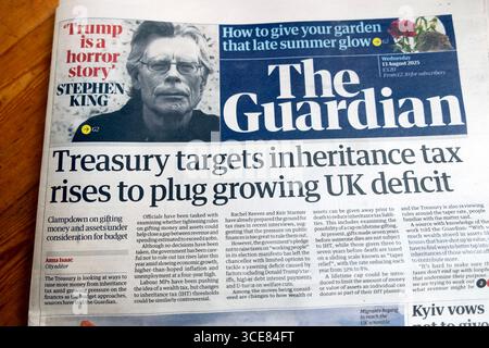 'Treasury targets inheritance tax rises to plug growing UK deficit' 'Stephen King Trump horror story' Guardian newspaper headlines 13 August 2025 UK Stock Photo