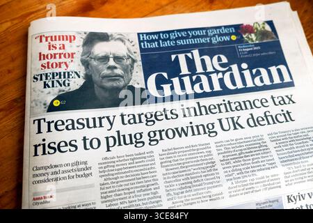 'Treasury targets inheritance tax rises to plug growing UK deficit' 'Stephen King Trump horror story' Guardian newspaper headlines front page UK Stock Photo