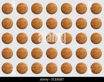 Circular patterns, modern art mixed with antiquity. Wood floor element, repetitions. Sustainability, minimalism, futurism. Image manipulation Stock Photo