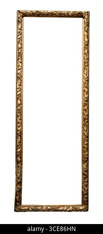 old vertical panoramic golden narrow picture frame cutout on white background Stock Photo
