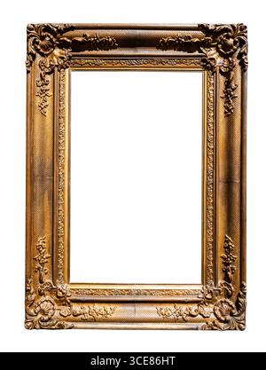 ancient vertical golden wide picture frame cutout on white background Stock Photo