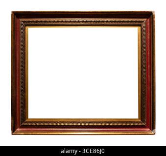 old horizontal dark brown wooden painting frame cutout on white background Stock Photo