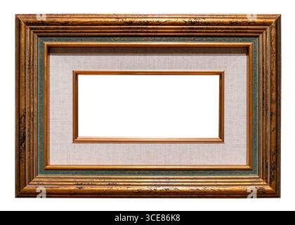 retro horizontal wooden wide picture frame with passe-partout cut out on white background Stock Photo