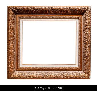 vintage wide wooden carved picture frame with passe-partout cut out on white background Stock Photo