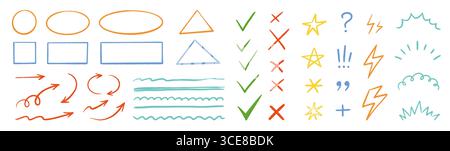 Chalk check mark arrow collection. Blackboard doodle style symbols, sketchy pencil quotes, checkboxes and hand drawn crayon underline. Pencil chalk stroke texture highlight, arrow. Vector illustration Stock Vector