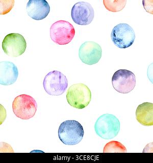 Polka dot multi-colored watercolor seamless pattern. Abstract watercolour background with colorful circles on white. Hand drawn round shaped texture. Stock Photo