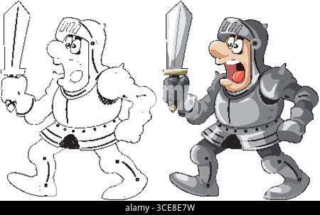 Colorful vector illustration of a cartoon knight in armor holding a sword, showcasing both colored and outline versions Stock Vector