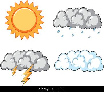 Cartoon-style vector icons display sun, rain clouds, thunderstorm, and cloudy sky with bold outlines and bright, contrasting colors Stock Vector
