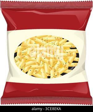 Vector illustration of a red snack packet featuring penne pasta with pepper, flat design, clean lines, and a centered oval window Stock Vector