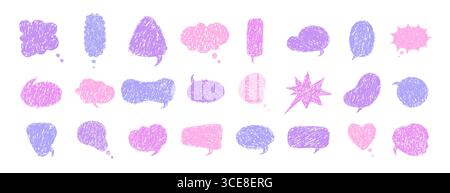 Hand drawn crayon speech bubble. Vector set with chalk scribble text boxes. Colorful retro doodle balloons for comics or chat messages Stock Vector