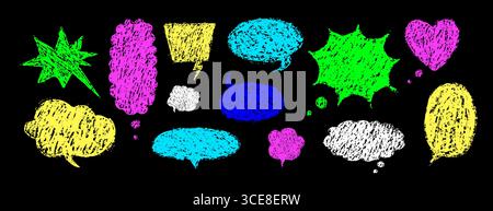 Crayons speech bubbles. Set of crayon comic frames in hand drawn style. Grunge texture. Neon Childish Vector illustration isolated on black background Stock Vector