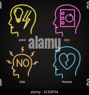 Neurodiversity symbols neon icon set. ADHD, OCD, ODD disorder, mental trauma. Vector illustration Stock Vector