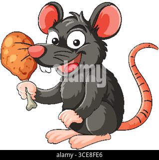 Cheerful cartoon rat with gray fur and pink ears holds a fried chicken drumstick, illustrated in a bold, colorful vector style with clean outlines Stock Vector