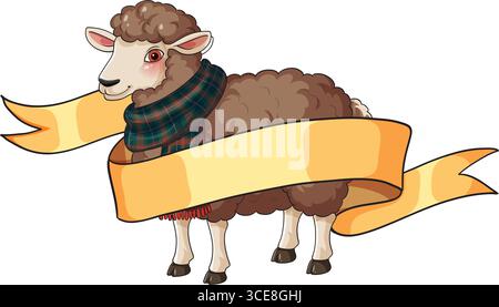 Vector illustration of a brown sheep in a green plaid scarf, standing with a blank yellow ribbon banner wrapped around its body, white background Stock Vector