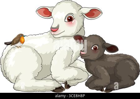 Two cartoon lambs, one white and one black, rest side by side with a robin perched on the white lambâs back. Bright, clean vector style Stock Vector