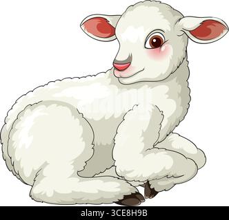 Vector illustration of a fluffy white lamb resting, rendered in a soft cartoon style with warm colors and clean outlines, isolated on white Stock Vector