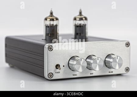A vintage tube audio amplifier front view silver metal case two vacuum tubes three control knobs for treble bass volume power switch retro style Stock Photo