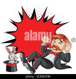 Cartoon magician falls backward in shock as a rabbit emerges from a top hat, with bold red comic burst background and playful vector style Stock Vector