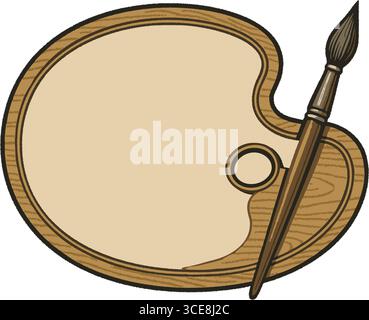 A classic oval palette with thumb hole and shallow wells is paired with two slender brushes for a studio ready scene. Stock Vector