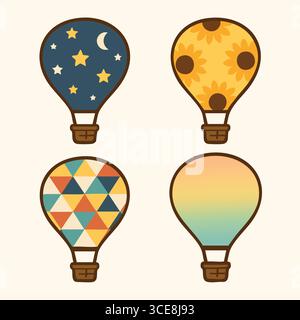 Six imaginative balloon graphics show celestial stars cratered moon texture bright diamonds and smooth color fades. Stock Vector