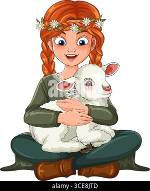 Vector illustration of a red-haired girl with braids and flower crown, sitting cross-legged and hugging a white lamb, cartoon style Stock Vector
