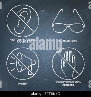 Neurodiversity symbols chalkboard icon set. Aphasia, Tourette syndrome ...