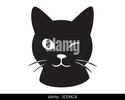 Black silhouette of winking cat face isolated on white background. concept of emotion, feline, pet, cute icon, logo, design element, art, expression. Stock Vector
