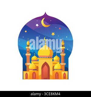 Beautiful Mosque Silhouette with Starry Night Sky and Crescent Moon Stock Vector