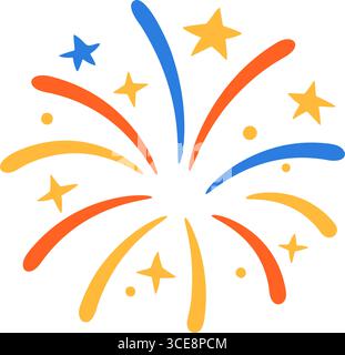 Symmetrical red yellow and blue fireworks in flat cartoon style. Square format, transparent background. Stock vector illustration in flat style. Stock Vector