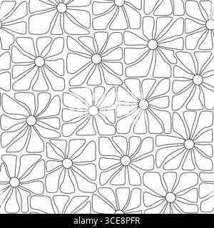 1970s daisy chamomile flowers. Beautiful floral seamless pattern. Hand drawn spring summer retro vintage illustration black and white background. Prin Stock Photo