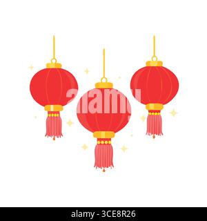 Decorative Red Lanterns with Golden Details and Sparkles Stock Vector