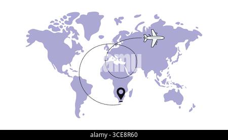 World Map with Airplane Travel Route and Location Pin Stock Vector