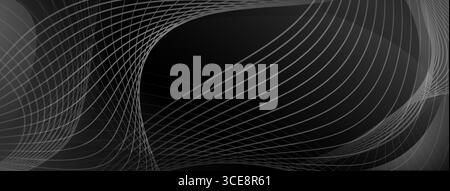 Dark grey abstract background with wavy lines creating a sense of movement and flow, using geometric shapes and objects. Stock Vector