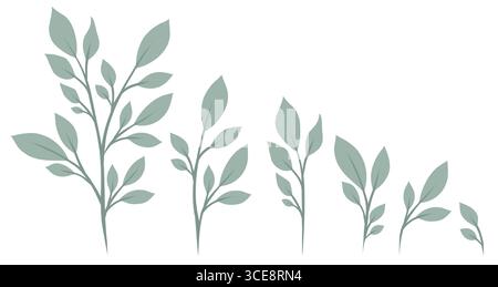 Vector illustration of growing plants in minimal flat style. Green branches symbolize ecology, nature, organic growth and sustainability. Stock Vector